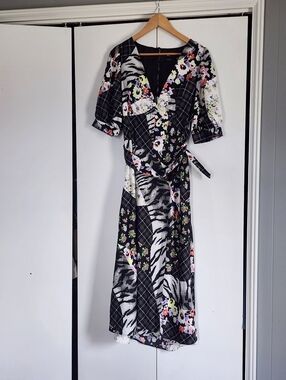 ASOS Black Floral & Zebra Wrap Midi Dress